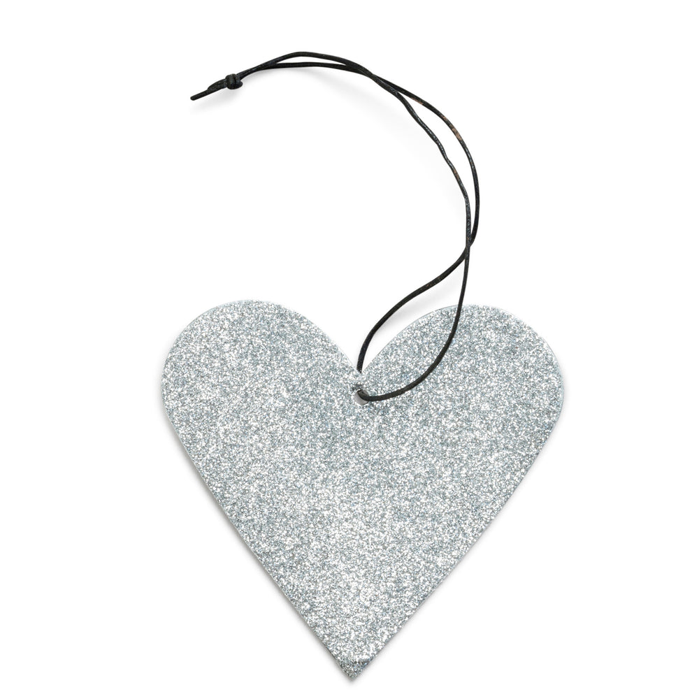 sølv glimmer julehjerte med sort lædersnøre - silver heart glitter ornament nordstjerne